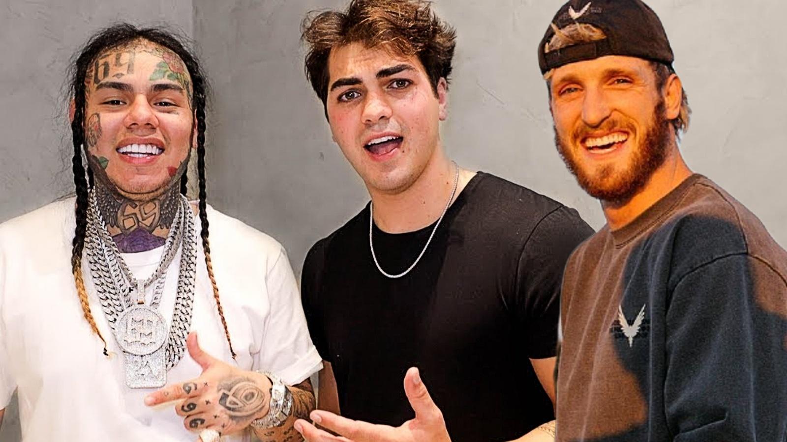 6ix9ine with Hype House's Thomas Petrou and Logan Paul