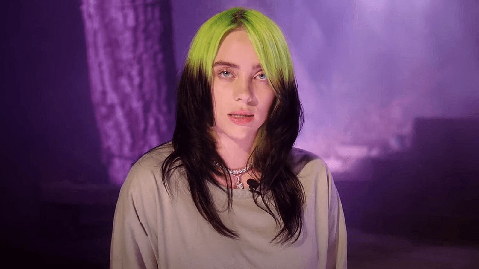 Billie Eilish speaks to the camera.