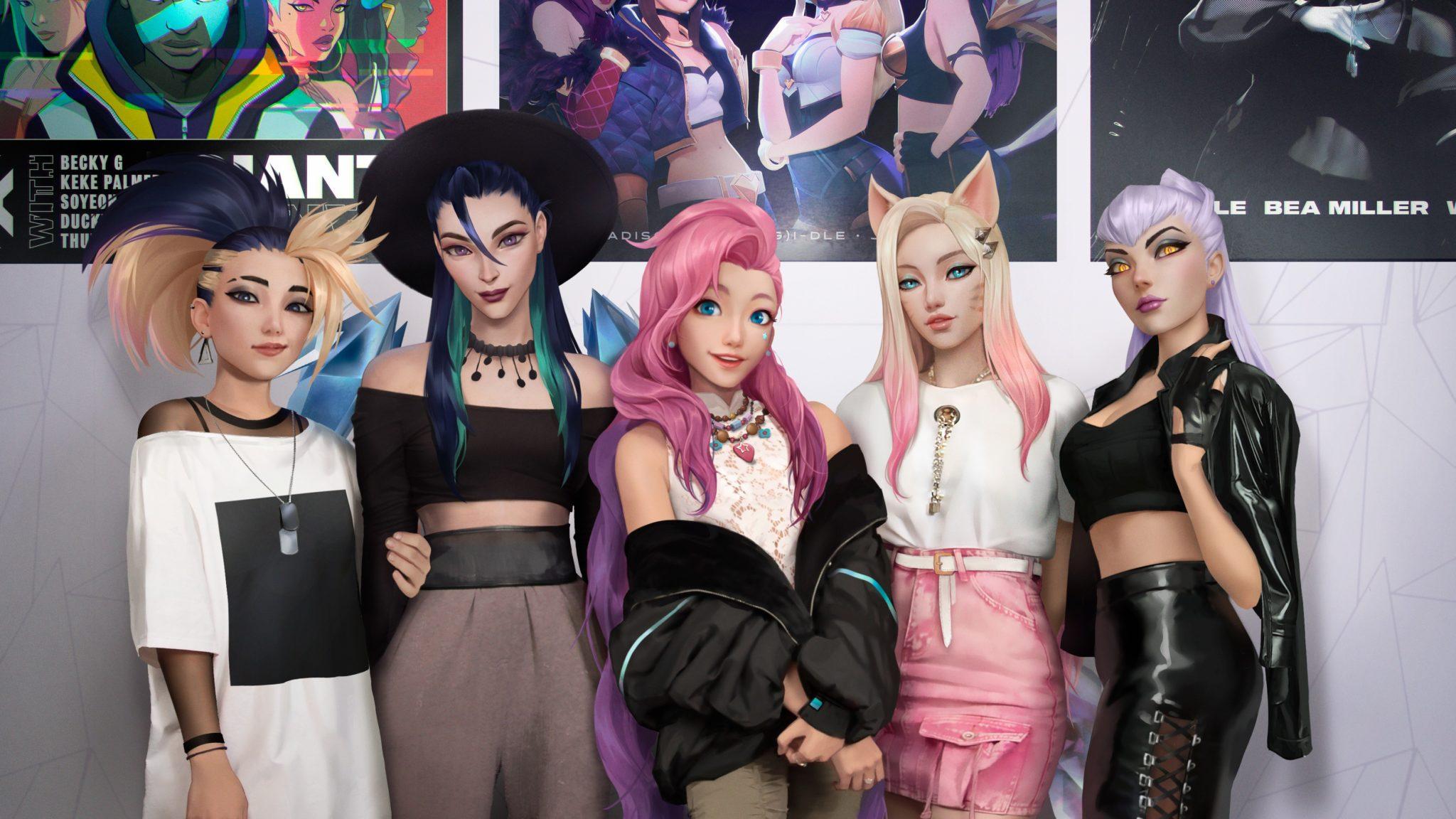 K/DA band with Akali, Kai'Sa, Seraphine, Ahri, and Evelynn