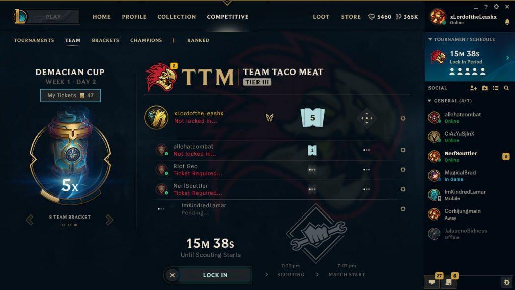 League of Legends Clash client team building page