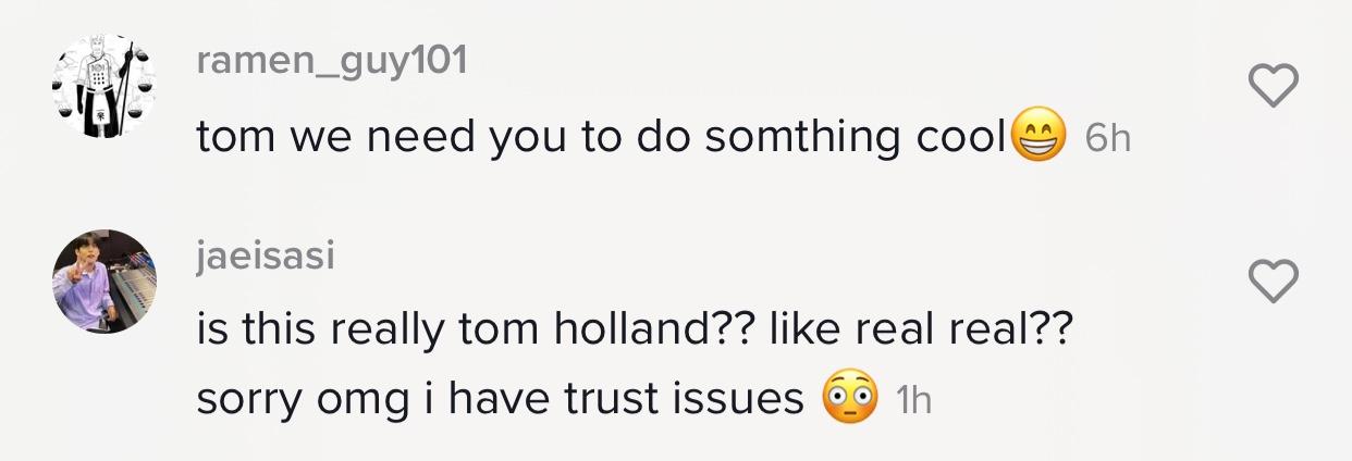 Comment on a fake Tom Holland TikTok account