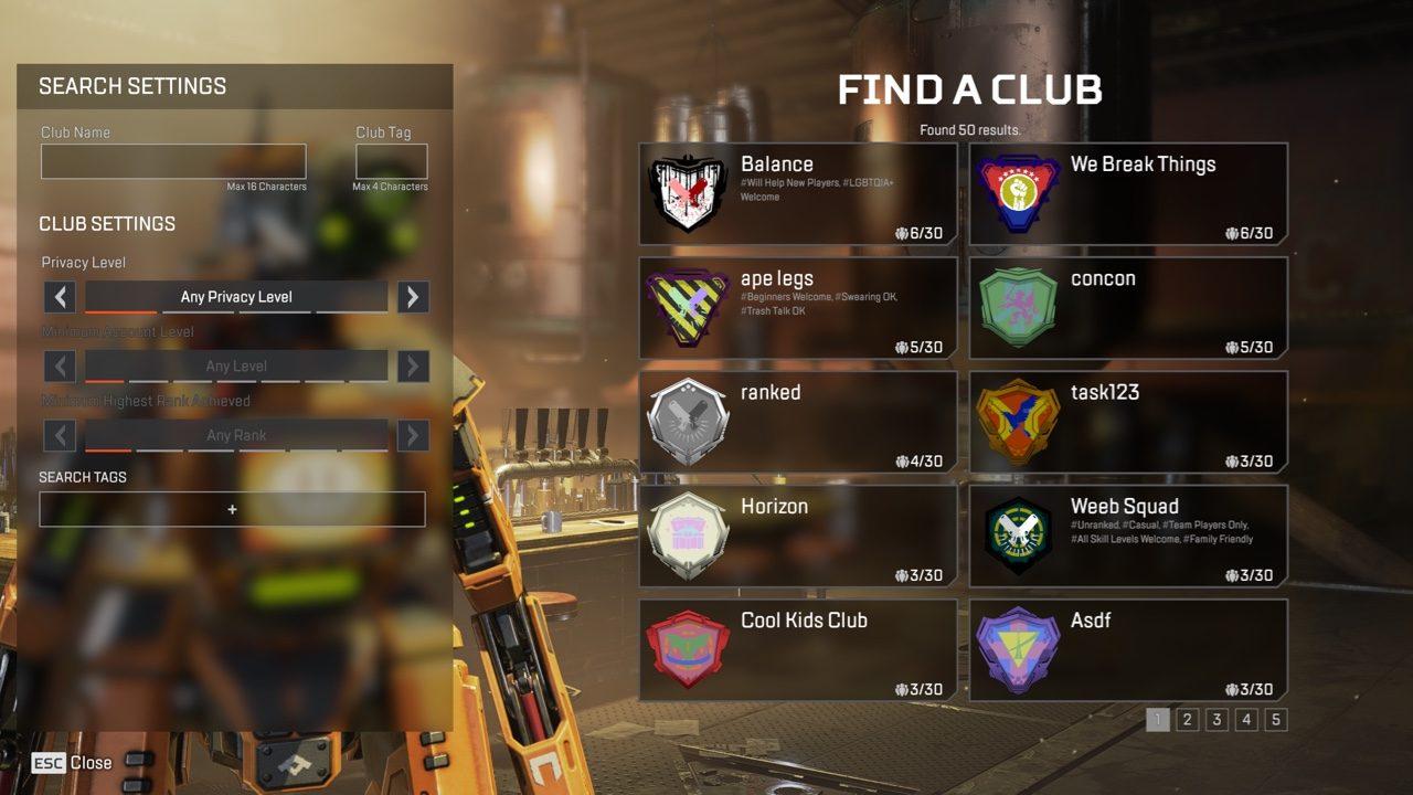 Apex Legends club search