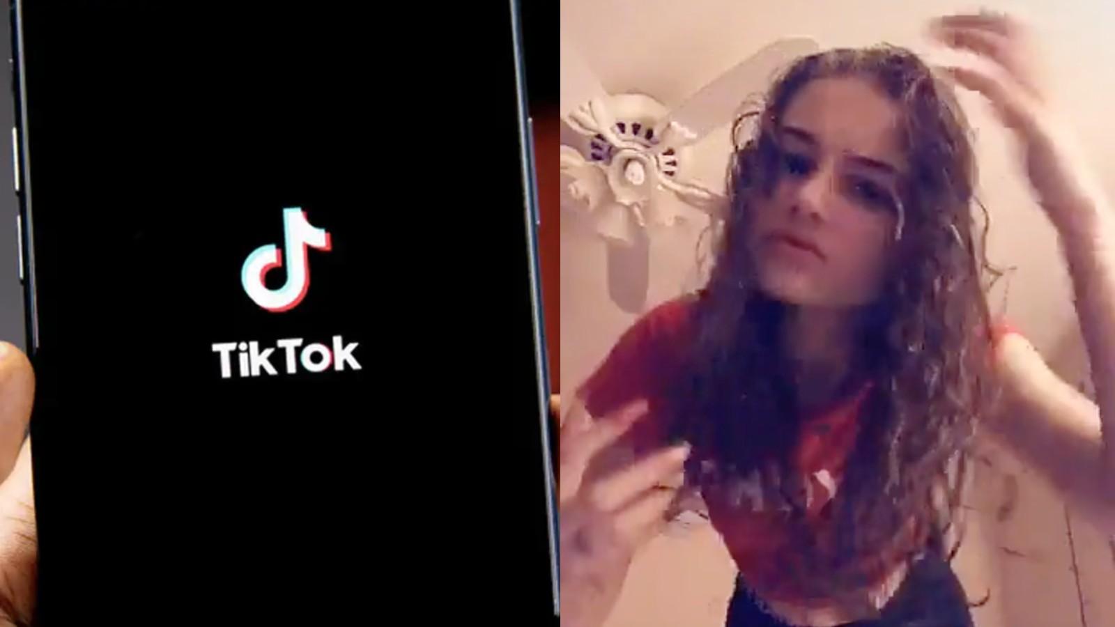 TikTok logo on a phone next to girl from the Peachy Bella TikTok account