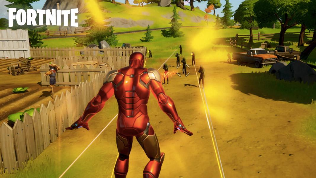 Iron Man using the Unibeam ability in Fortnite.