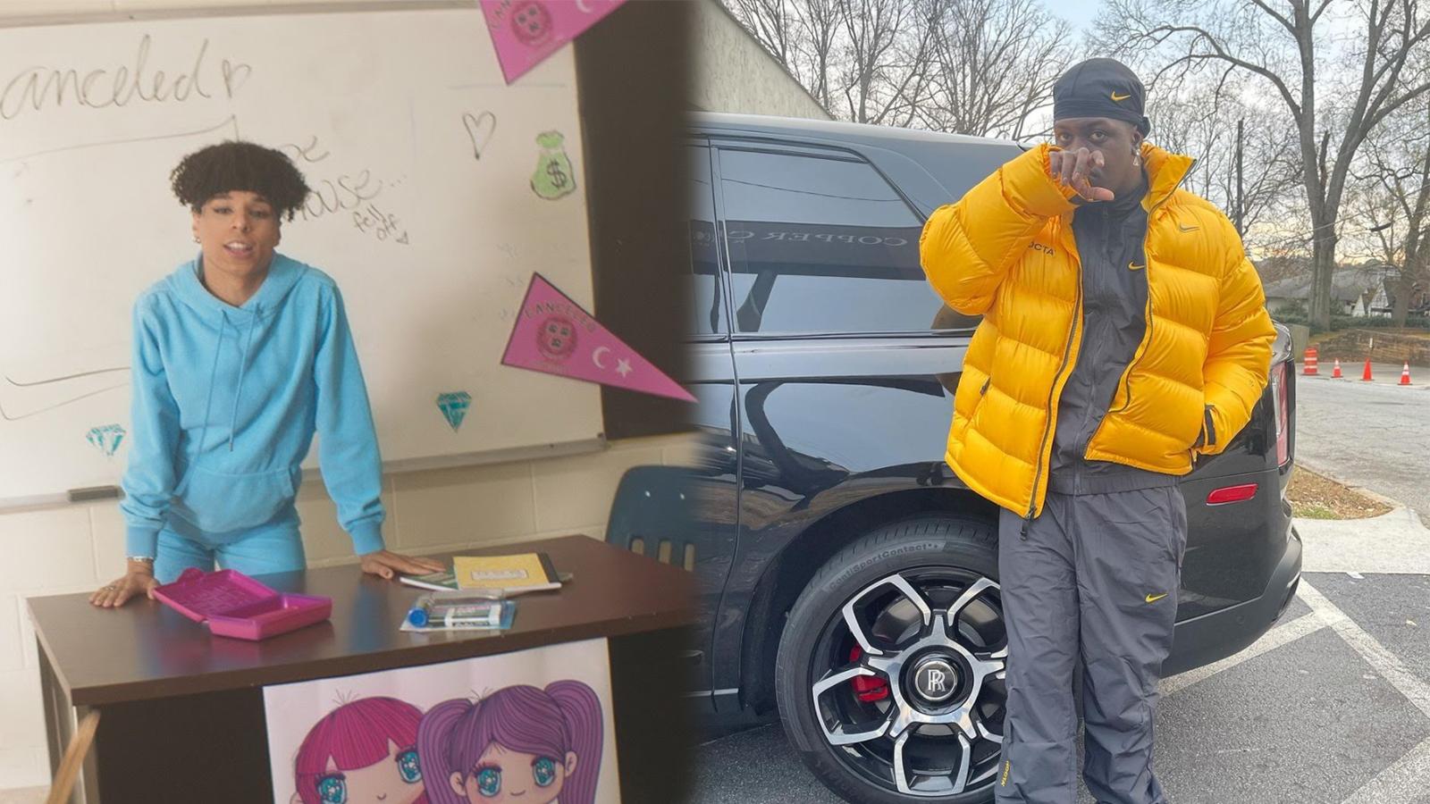 Lil Yachty poses in front of a black car, and Larray leans against a desk in a classroom