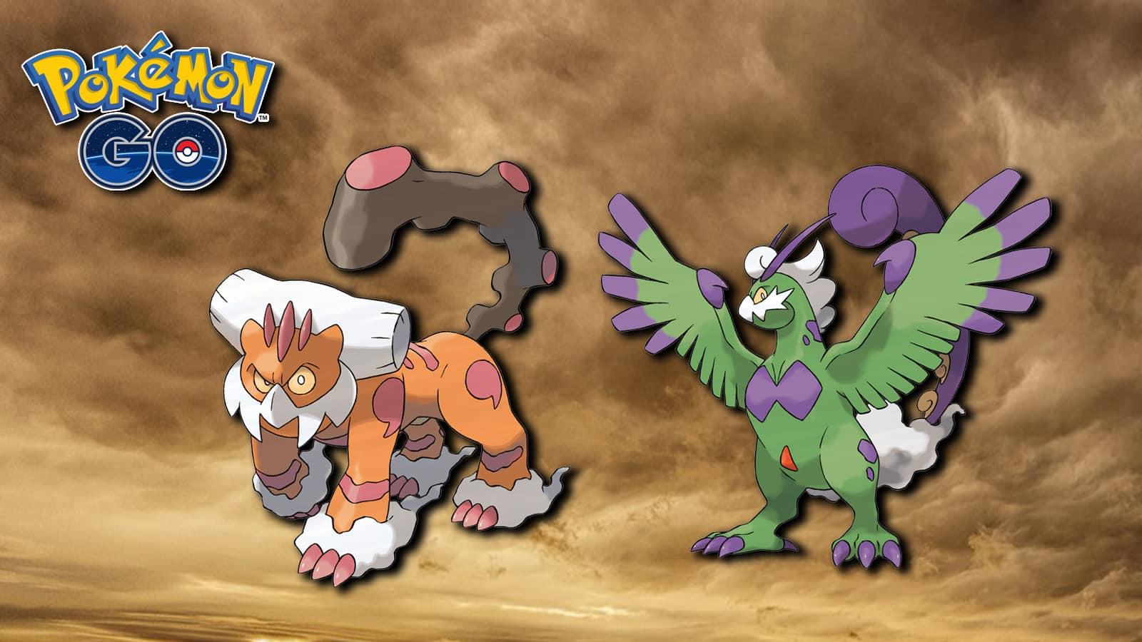 Screenshot of Therian Forme Landorus & Tornadus over storm cloud next to Pokemon Go logo.