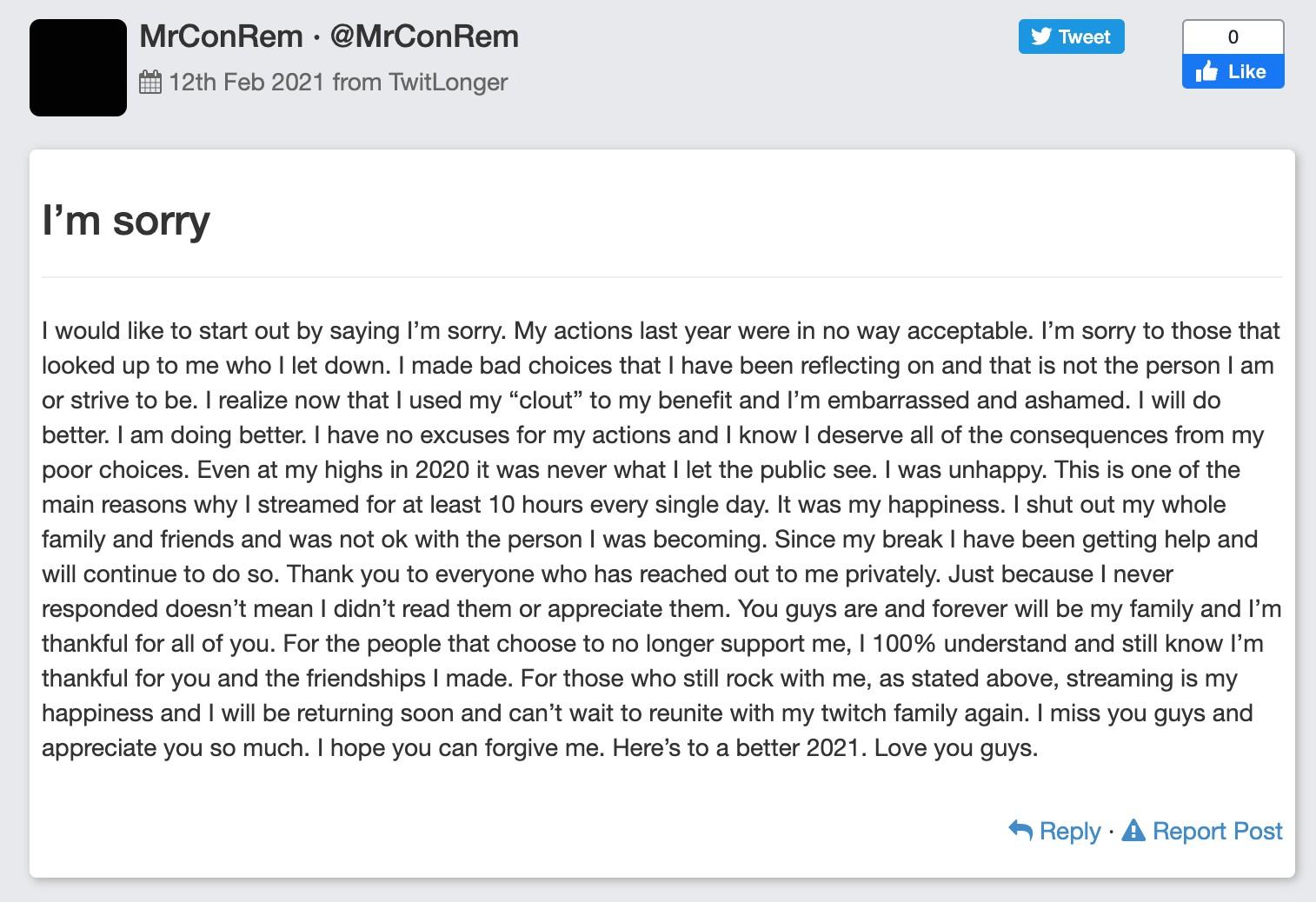 MrConRem announces return to streaming in TwitLonger