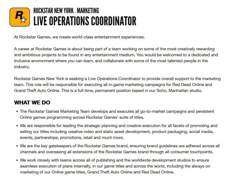 Rockstar Games job listing