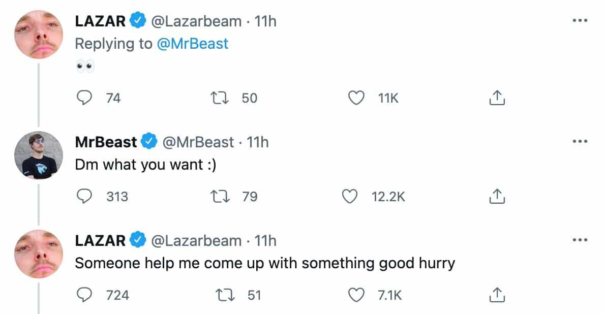 Lazarbeam and MrBeast talk on Twitter