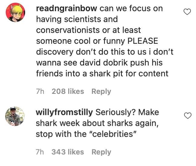 Comments under Shark Week post about David Dobrik