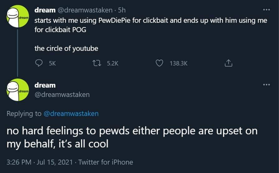 Dream tweets about PewDiePie