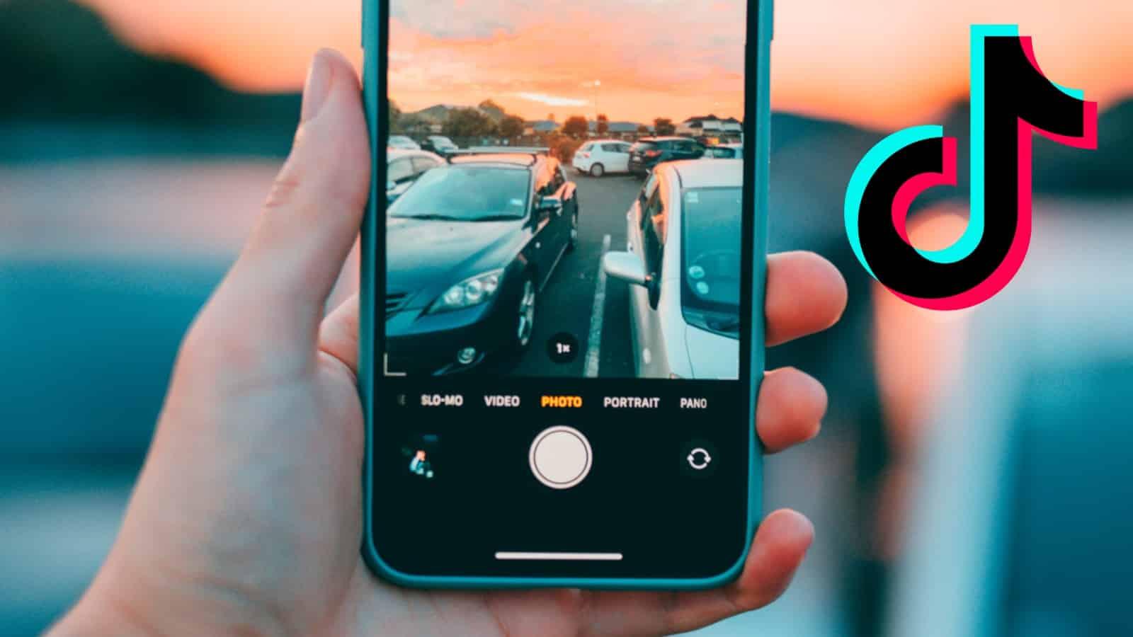 iPhone camera app screen next to the TikTok logo