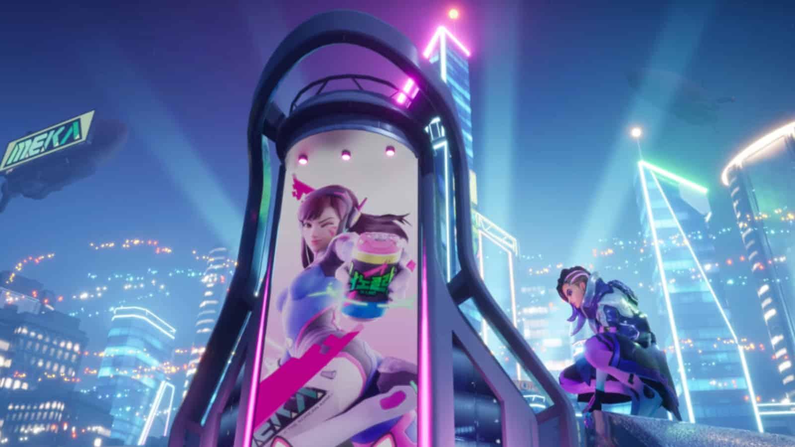 Sombra in Busan with D.Va billboard