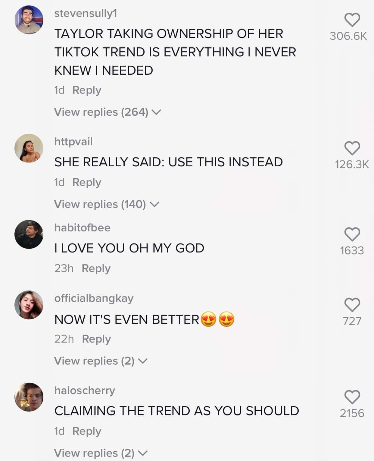 Comments underneath a TikTok by Taylor Swift