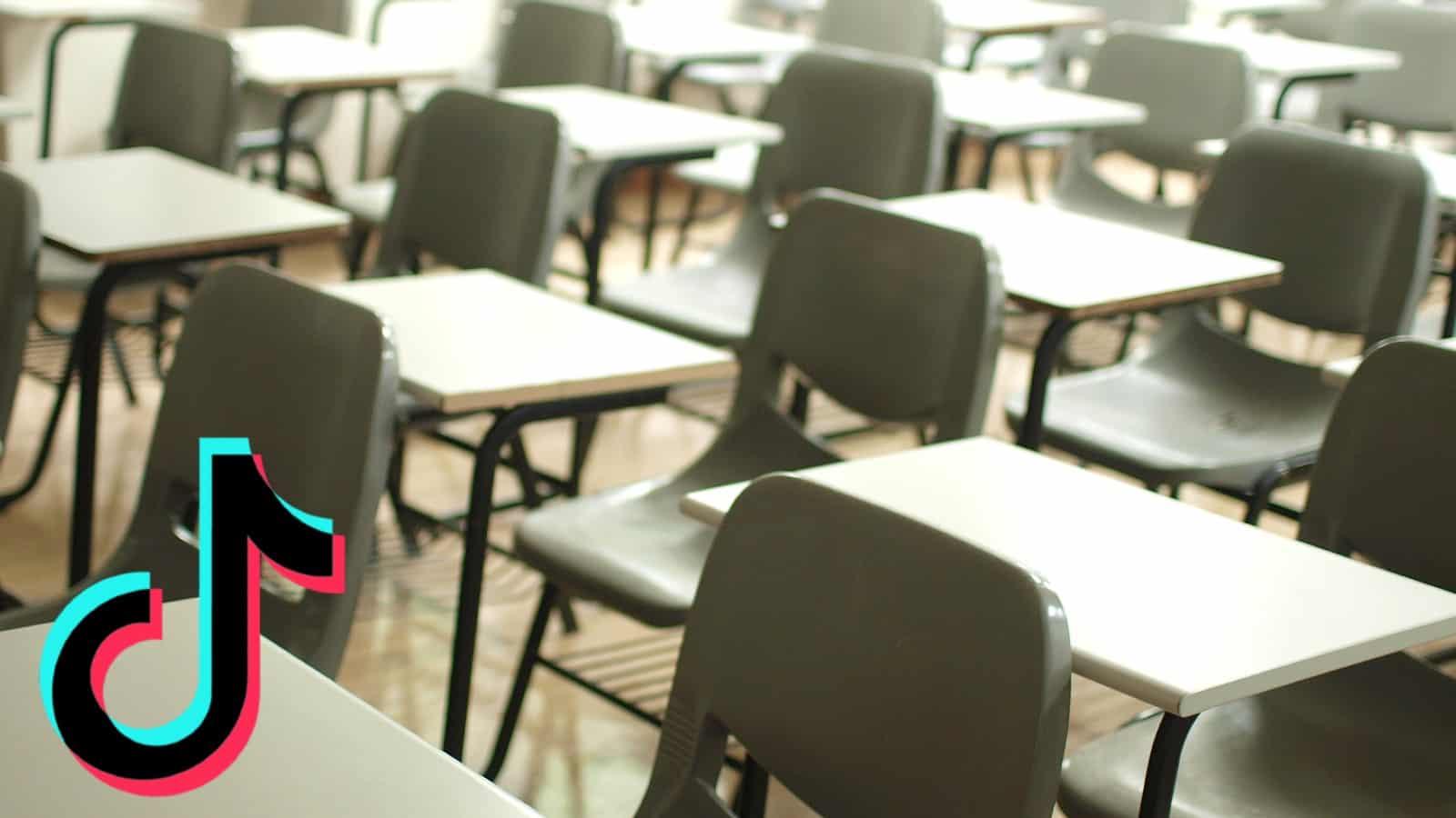 Chairs in a classroom with TikTok logo over it