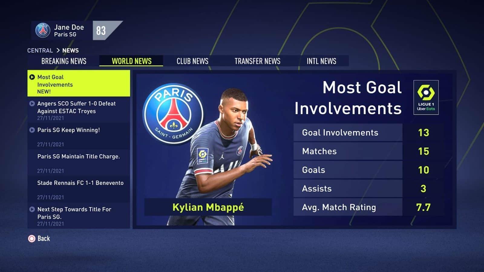 FIFA 22 Career Mode news screen showing Kylian Mbappe