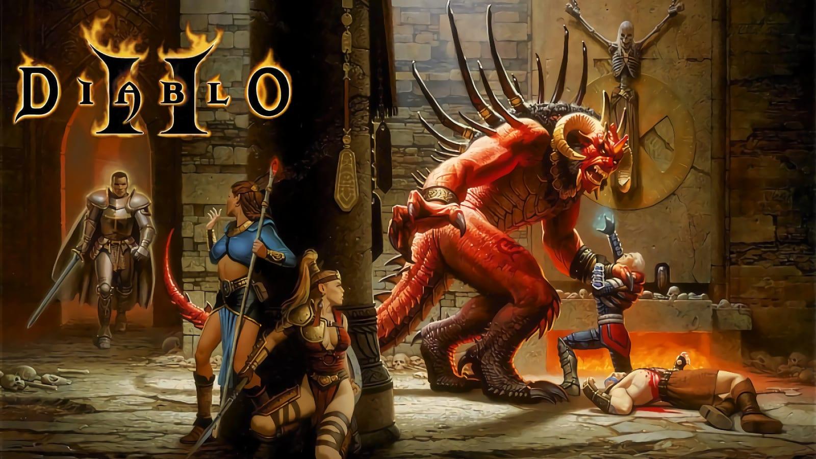 Diablo 2 original art diablo strangles necromancer while sorceress, amazon and paladin try to help