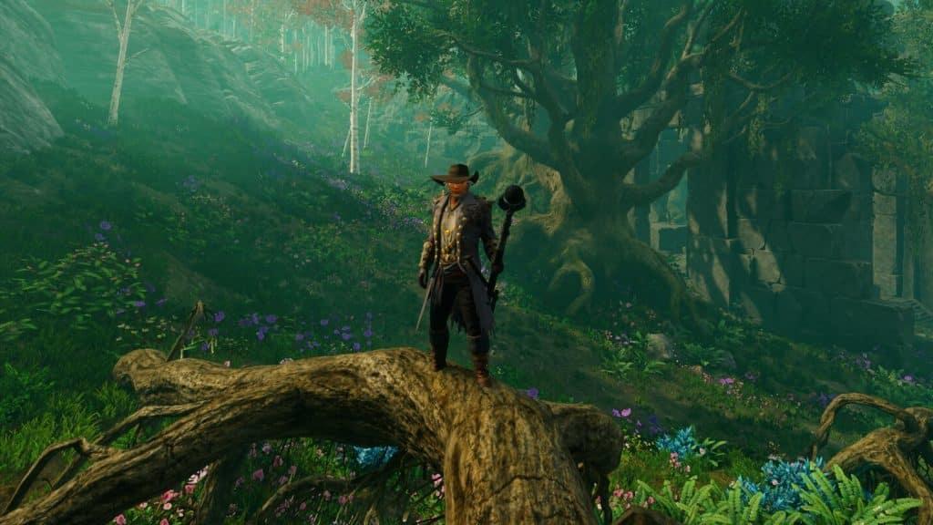 New World character standing on tree