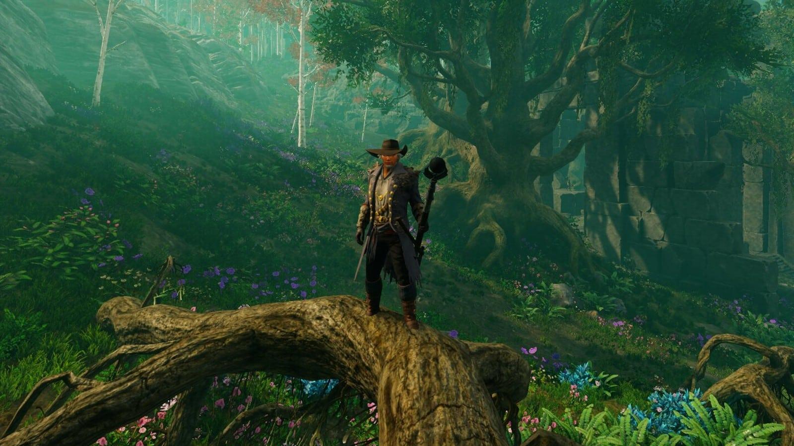 New World character standing on tree