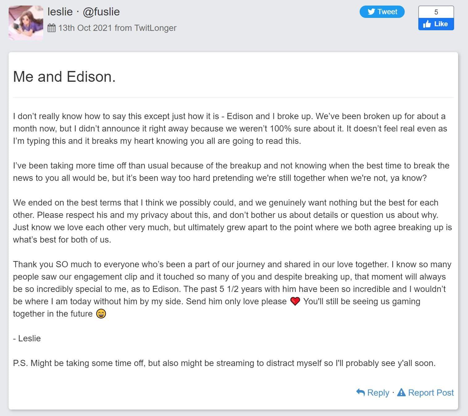 Fuslie Twitlonger Edison Park breakup