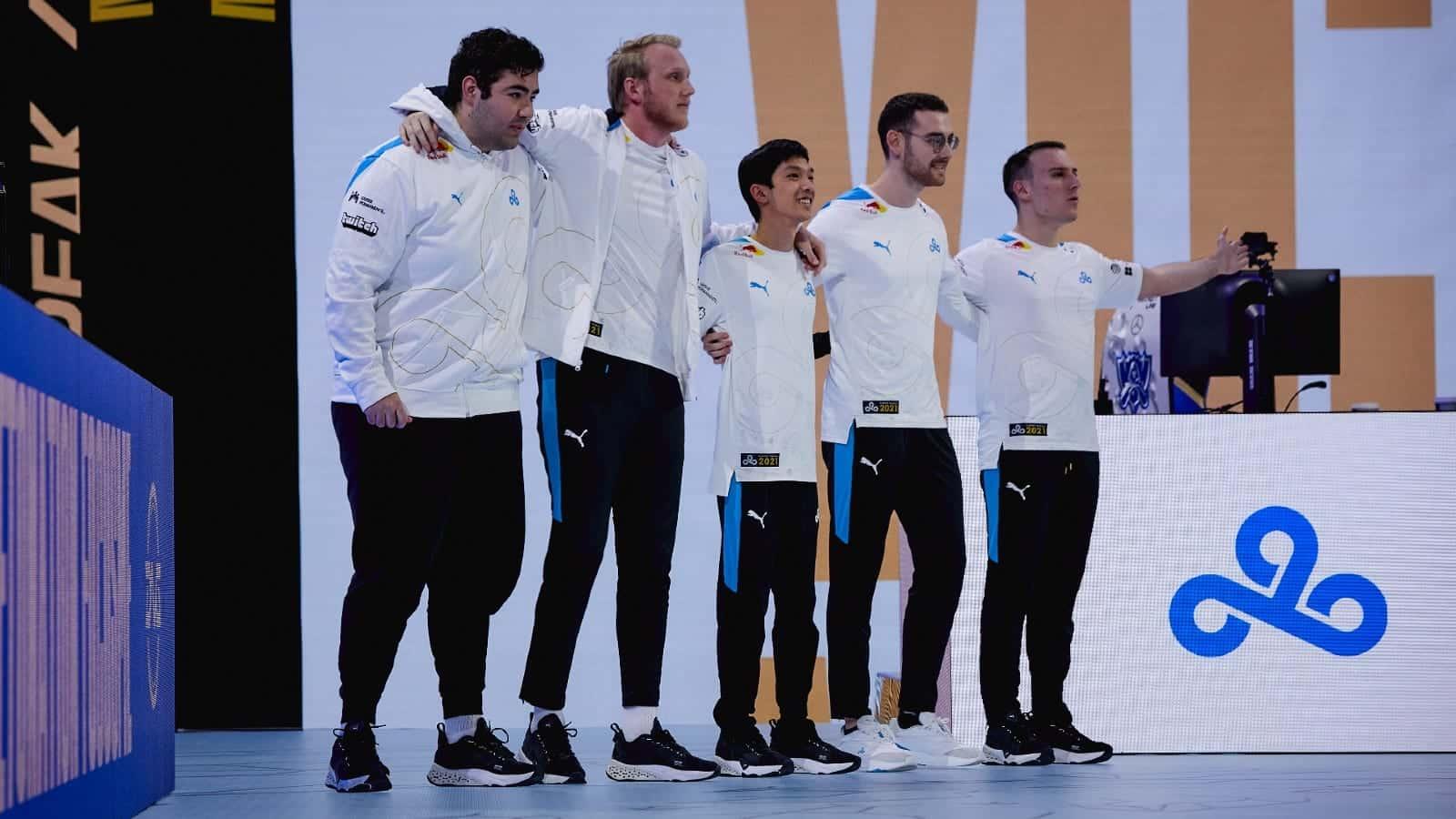 Cloud9 celebrate a win at Worlds 2021