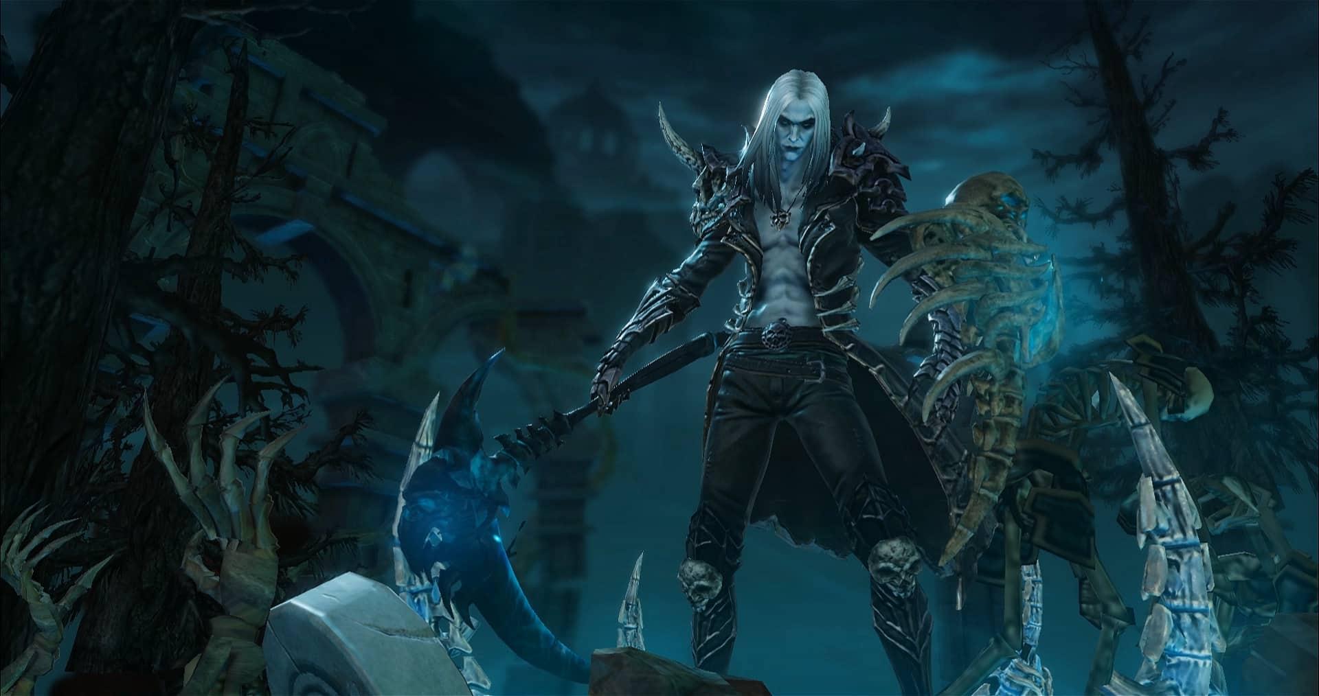 diablo immortal pale man with white hair raises the dead in a graveyard