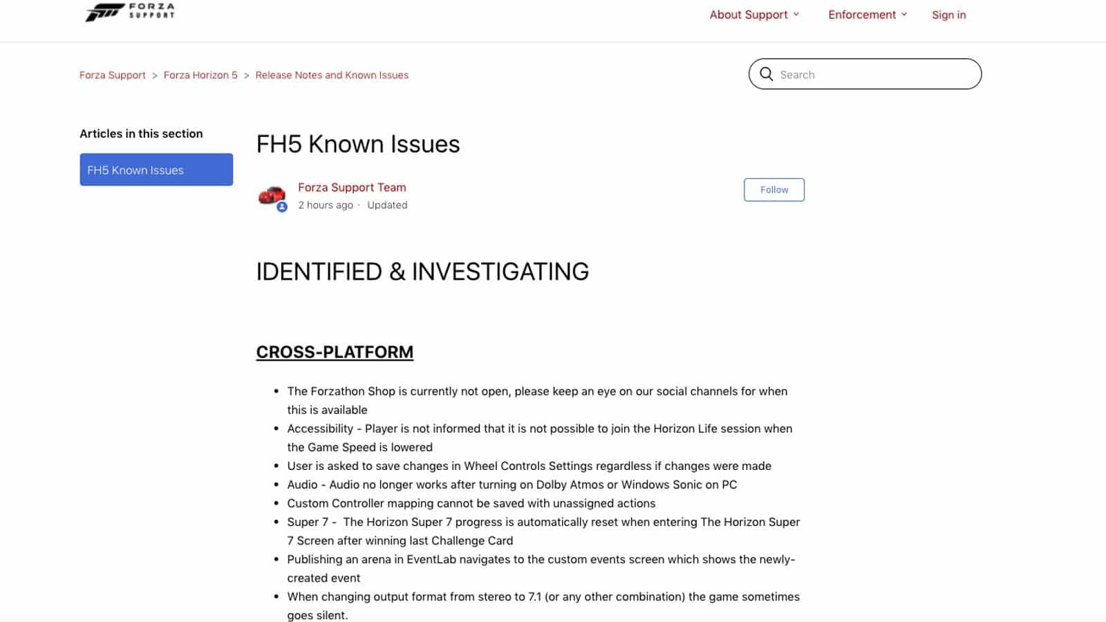 Forza Horizon 5 Known Issues page for server maintenance and outages