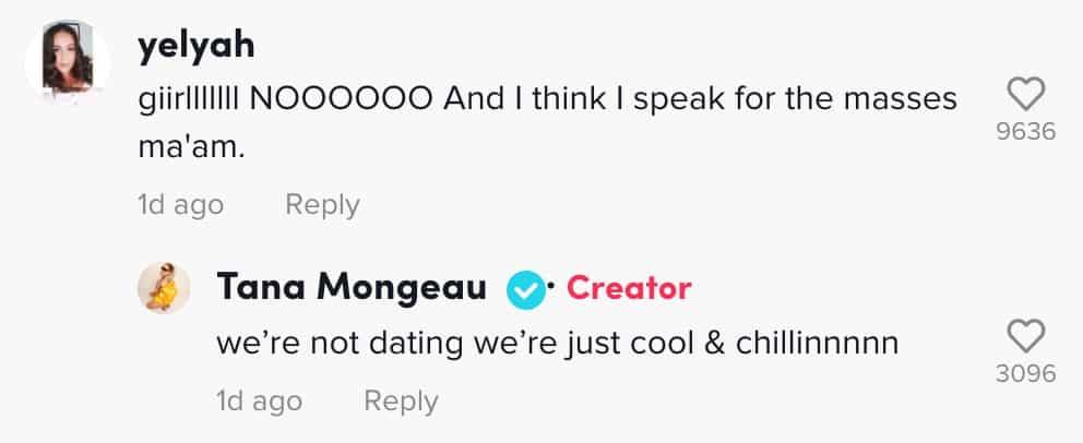 Tana Mongeau comments on a TikTok