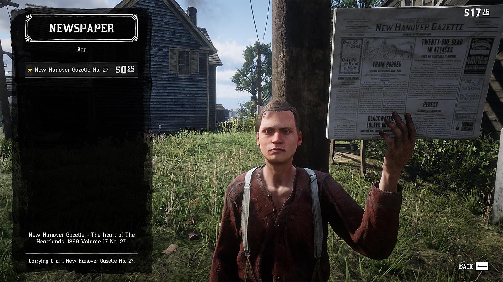 A screenshot showing one of the NPCs to purchase the New Hanover Gazette for the infinite ammo cheat in Read Dead Redemption 2