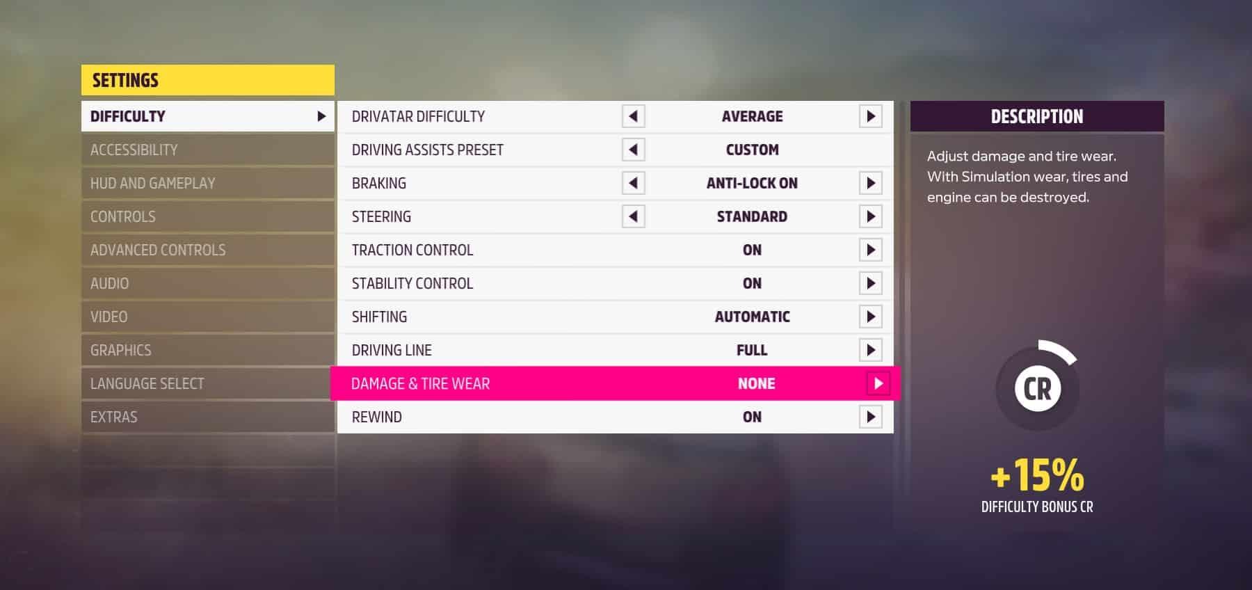 Forza Horizon 5 Difficulty Menu showing Damage off