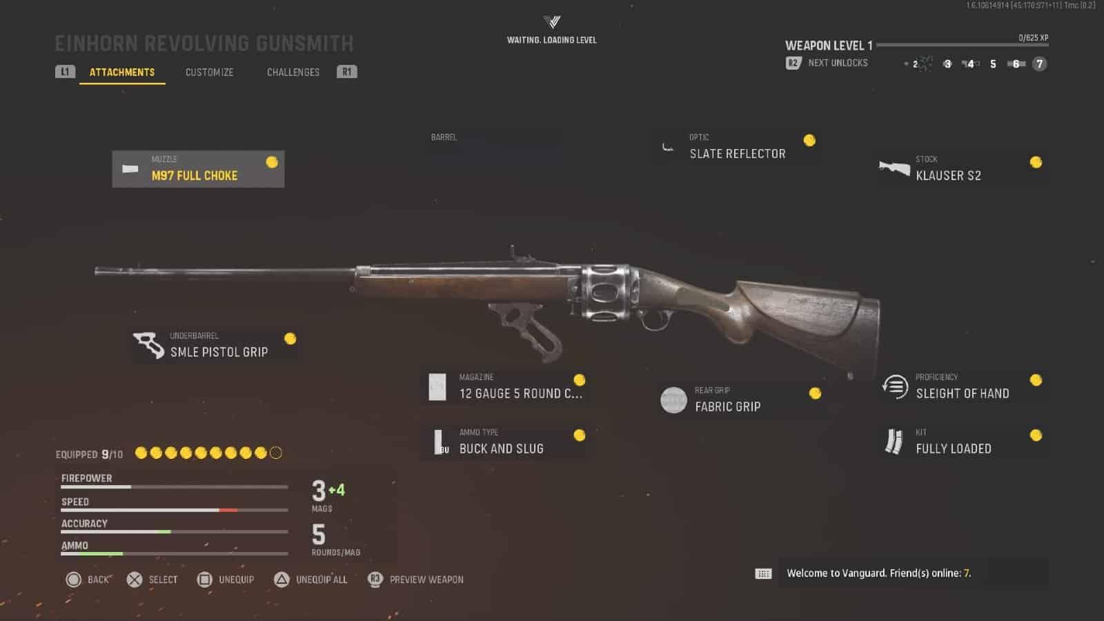 Einhorn Revolving class loadout in Vanguard - featuring the SMLE pistol grip, Muzzle choke, Buck and Slug rounds, plus more.