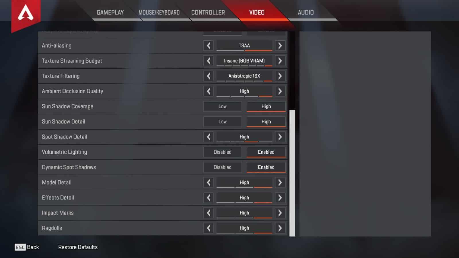 Apex Legends impact marks settings in the game's video menu