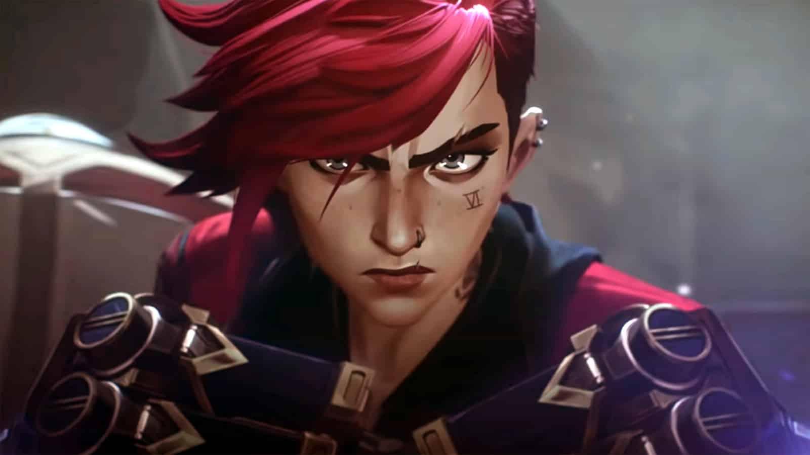 Vi holding up Hextech gauntlets in Arcane