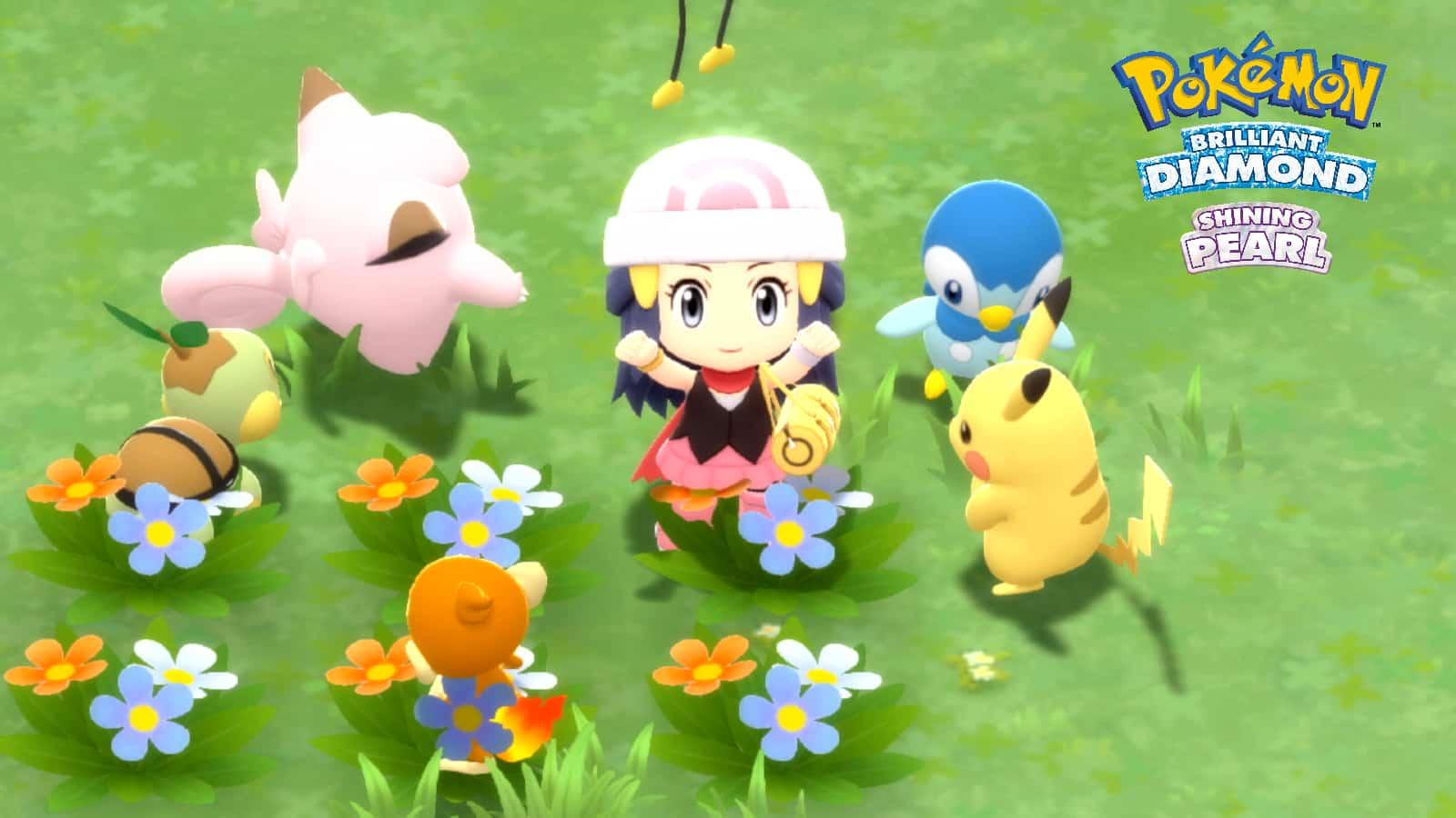 Pokemon in grass with trainer