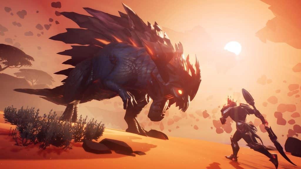 Dauntless screenshot showing a character fighting a Behemoth in the free game