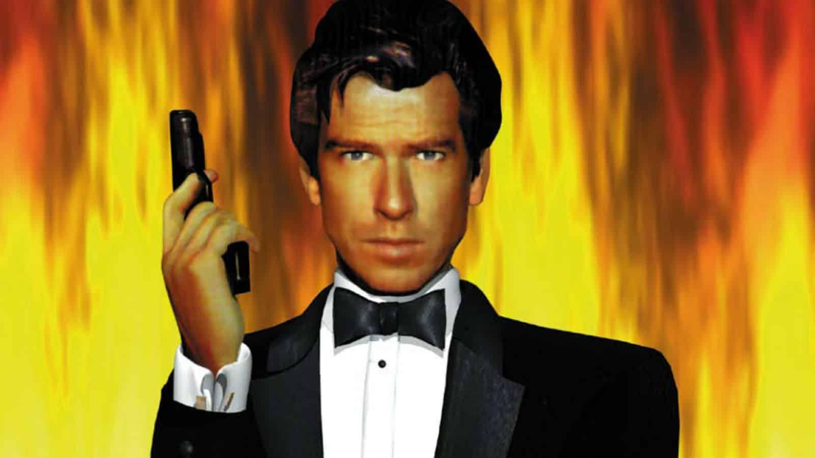 A screenshot of Pierce Brosnan from Goldeneye 007 on the N64.