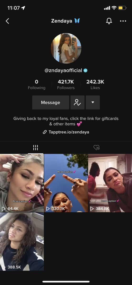 Screenshot of TikTok account claiming to be actress Zendaya