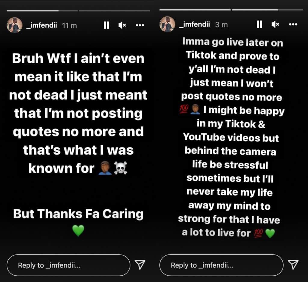 ImFendii writes on his Instagram story