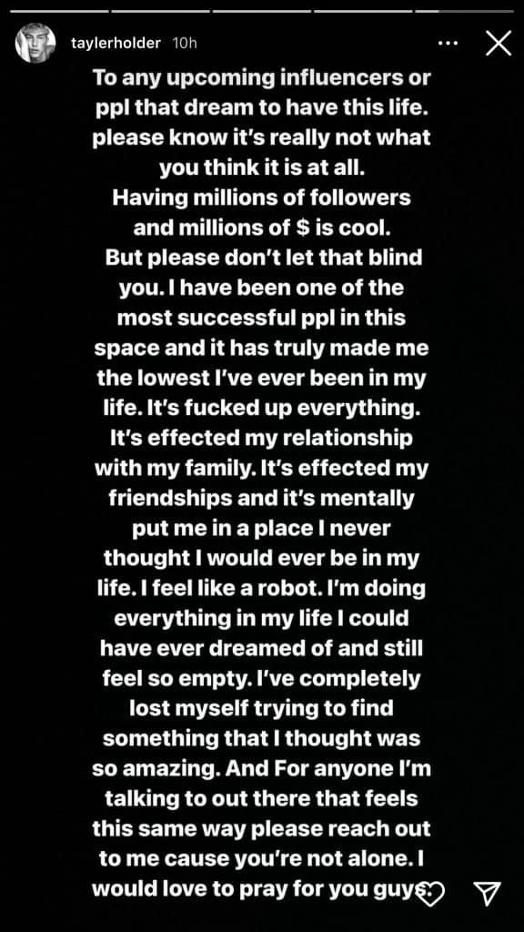 White text on a black background on Tayler Holder's Instagram story