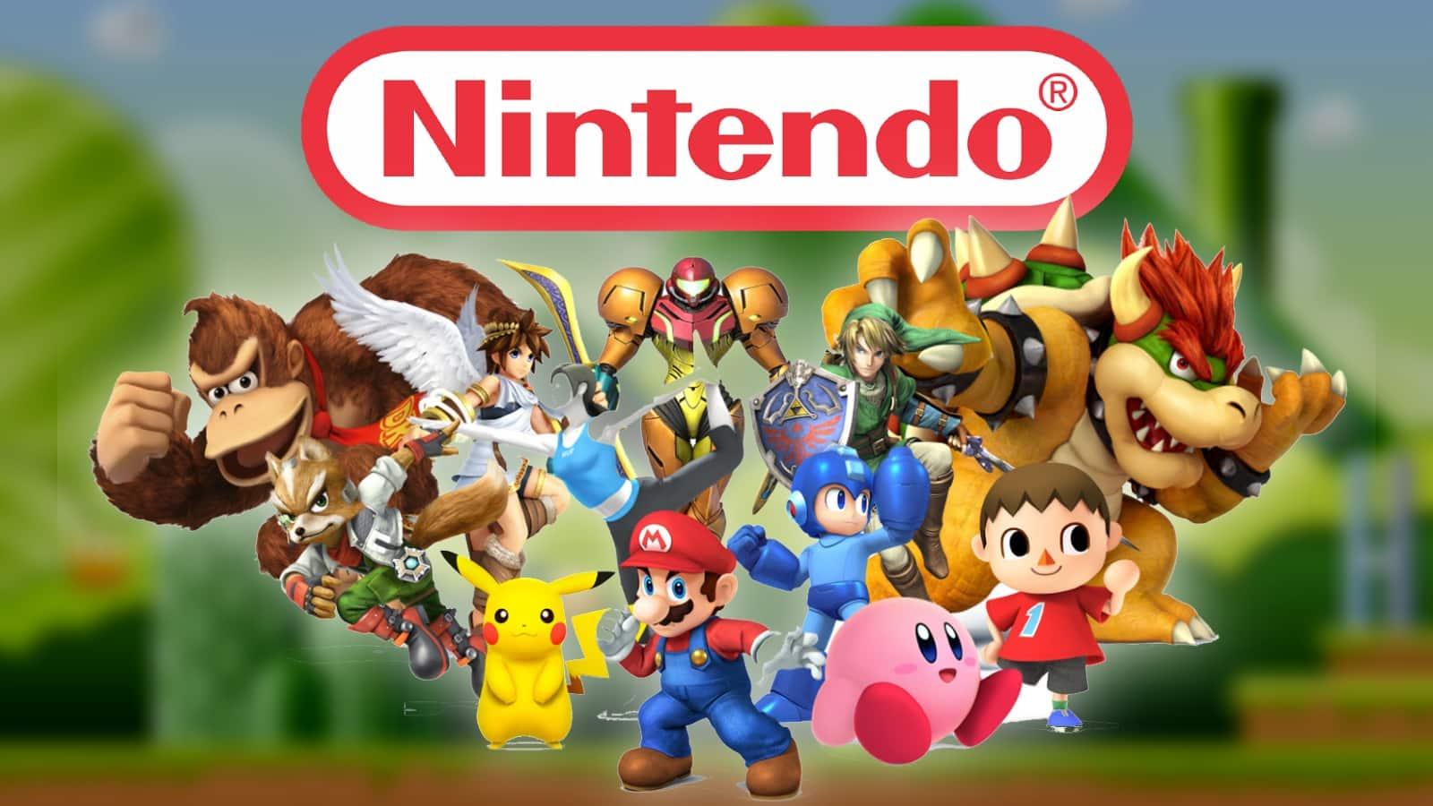 nintendo characters with nintendo logo