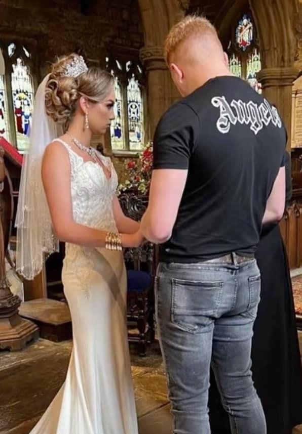 Bride and groom holding hands