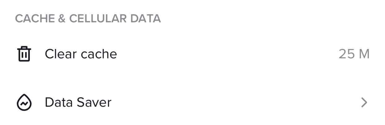 Screenshot of clear cache option on TikTok