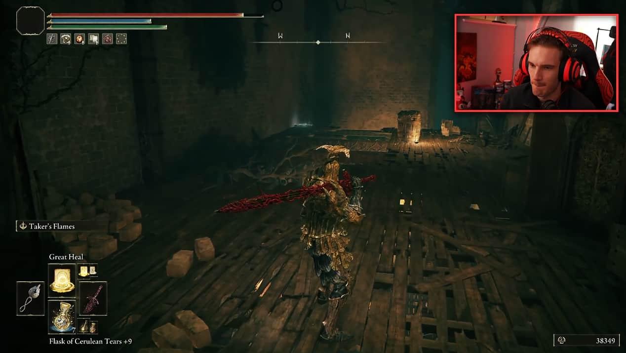 YouTuber PewDiePie playing Elden Ring during stream screenshot.