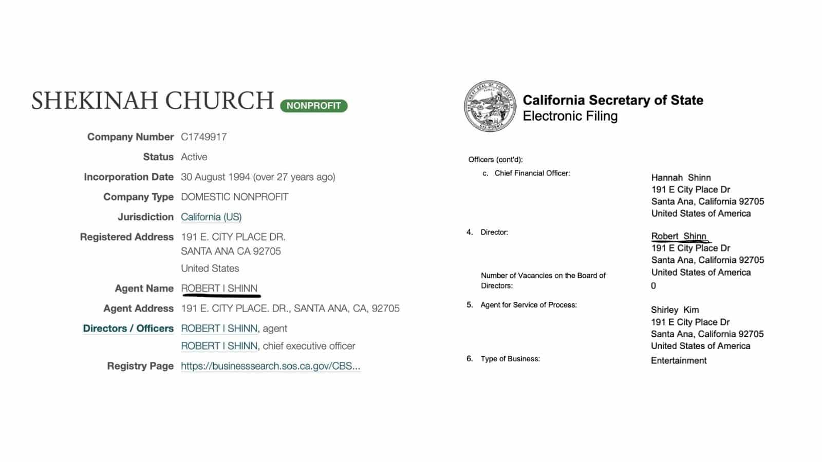 Robert Shin's corporation filing.