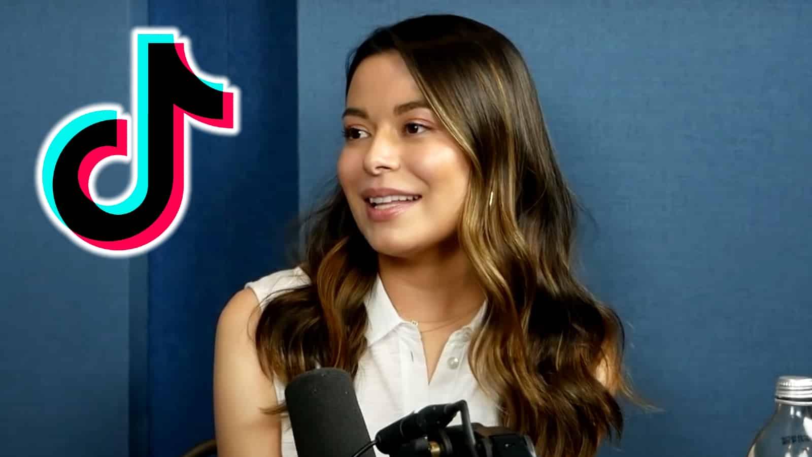 Miranda Csogrove speaking on a podcast next to the TikTok logo