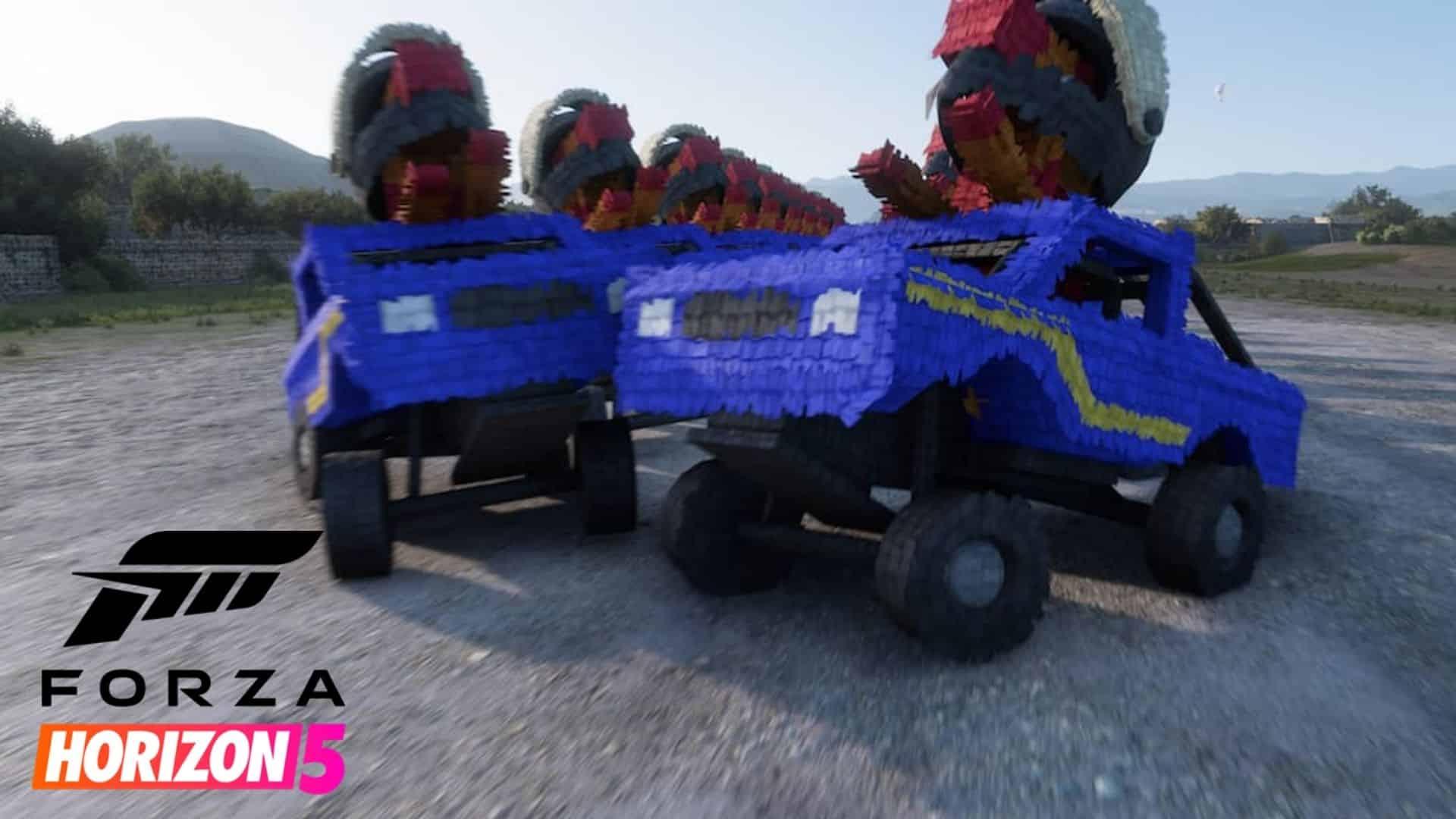 dinosaur pinatas lined up in forza horizon 5