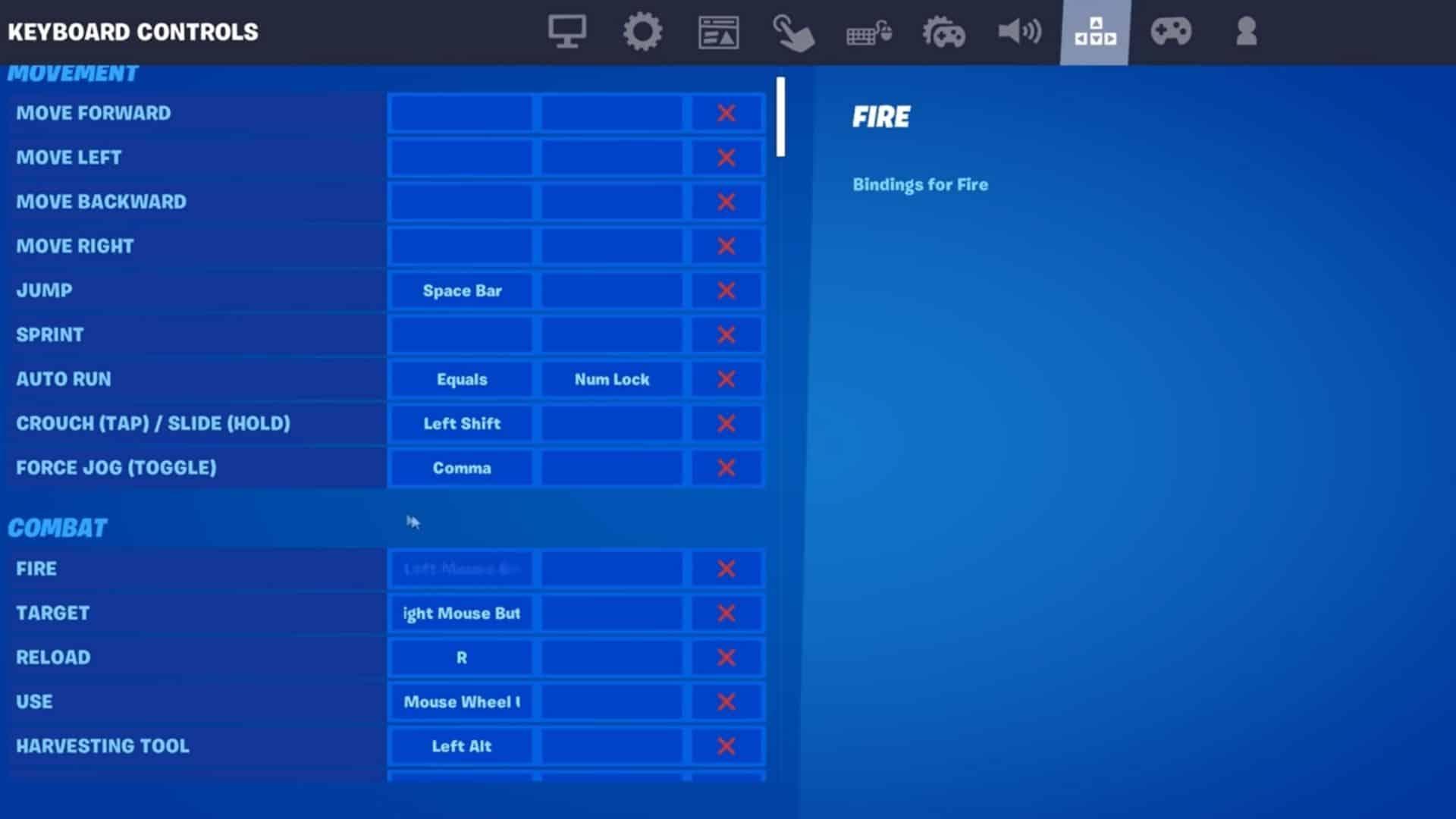 fortnite keyboard settings screen