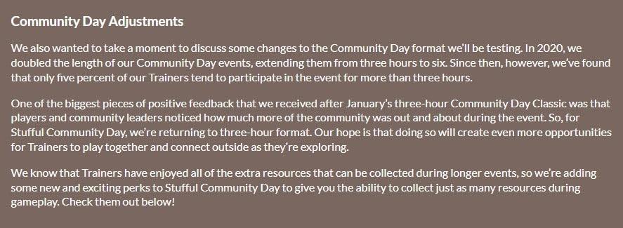 pokemon go community day message regarding shortening the event to three hours