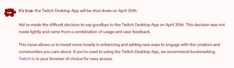 Twitch desktop app support page message