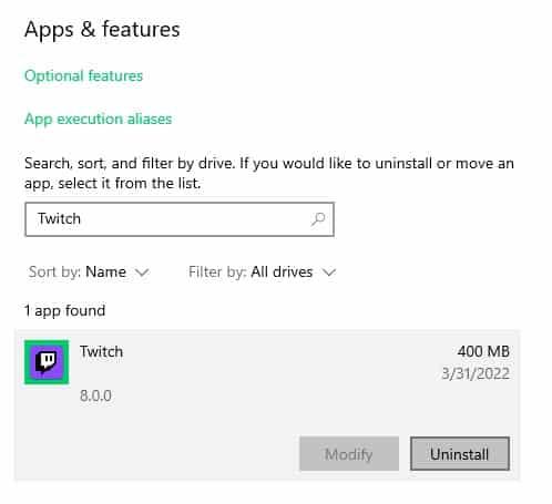Twitch Uninstall prompt windows